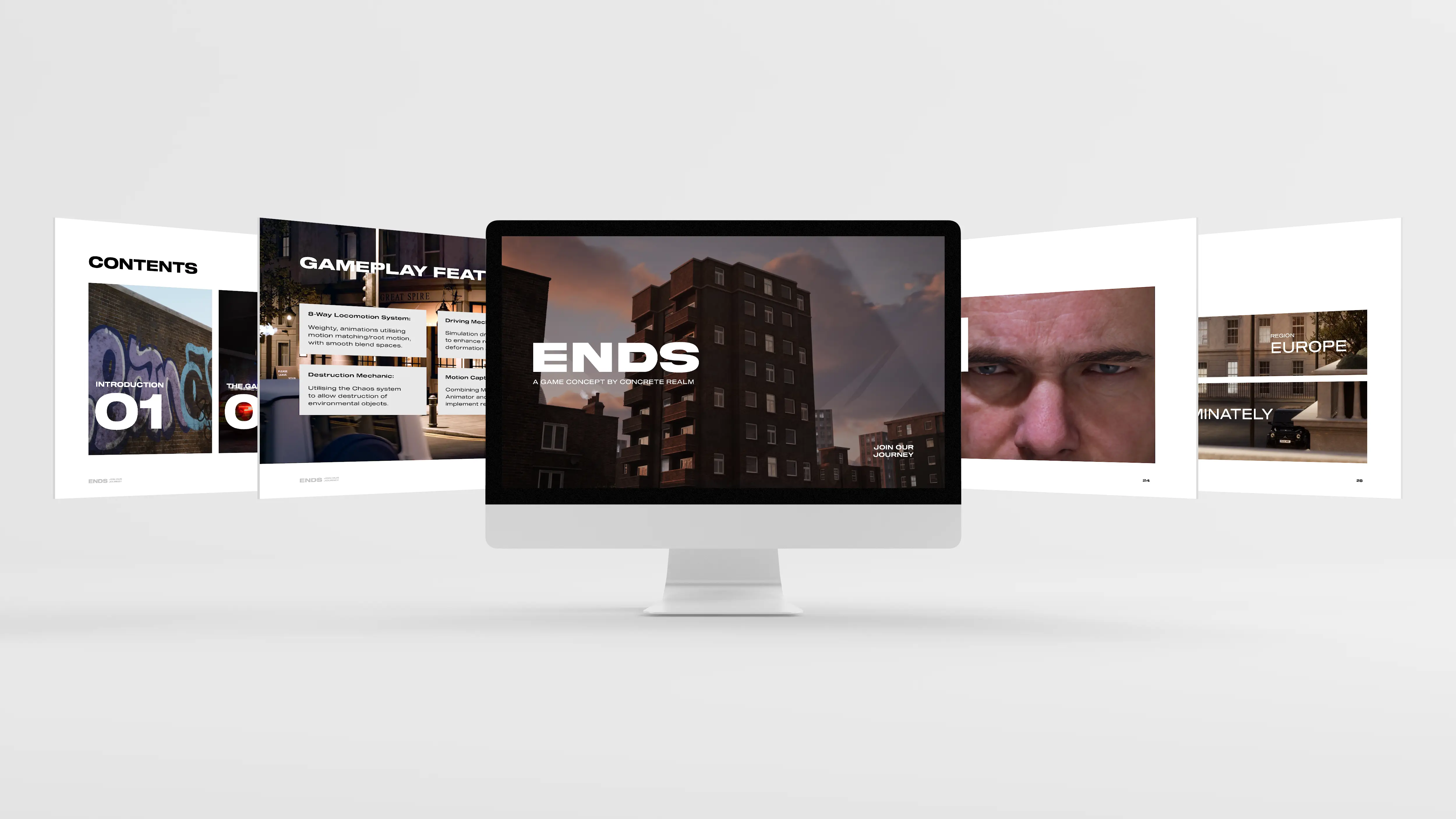 Computer screen displaying a building with the text 'ENDS A game concept by Concrete Realm,' surrounded by pages from a digital presentation featuring gameplay features and regional content.