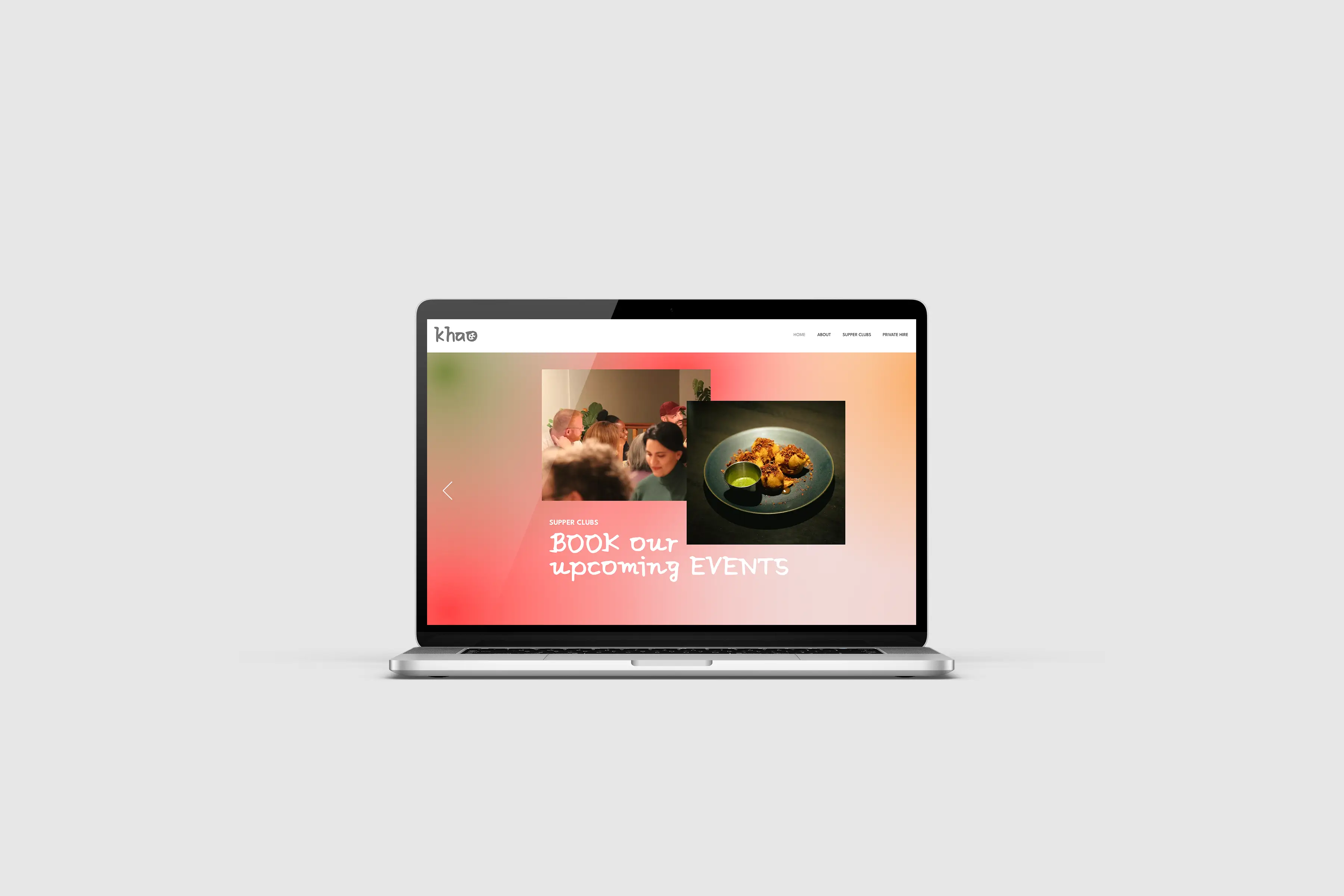 Laptop screen displaying a website page with text 'BOOK our upcoming EVENTS' and images of people and food.